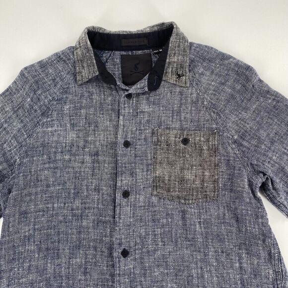 Sandanista Button Front Shirt Womens Sz M Blue Black Linen Blend Coastal Grandma - Picture 7 of 13